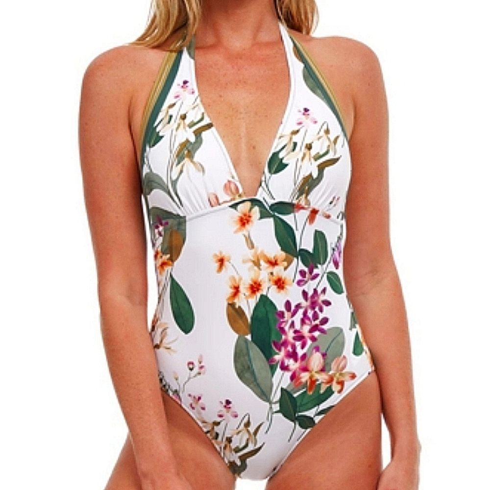 Gottex Women's Sardinia Halter Floral Deep V Back One Piece Swimsuit Size 8